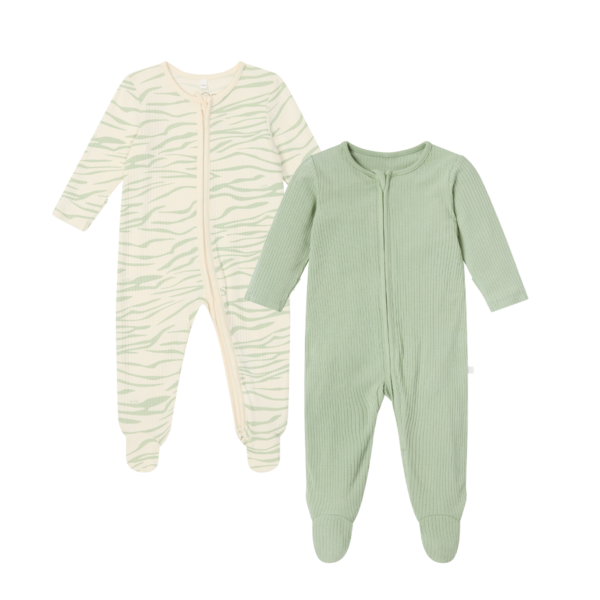 Zebra Stripe & Sage Ribbed Clever Zip Baby Pajamas 2 Pack